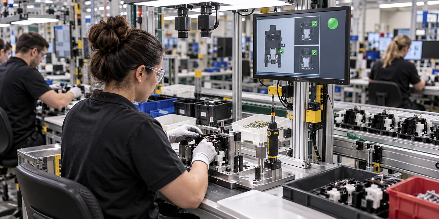 An operator completing an assembly at a guided workstation while overhead cameras verify components and display a pass result.